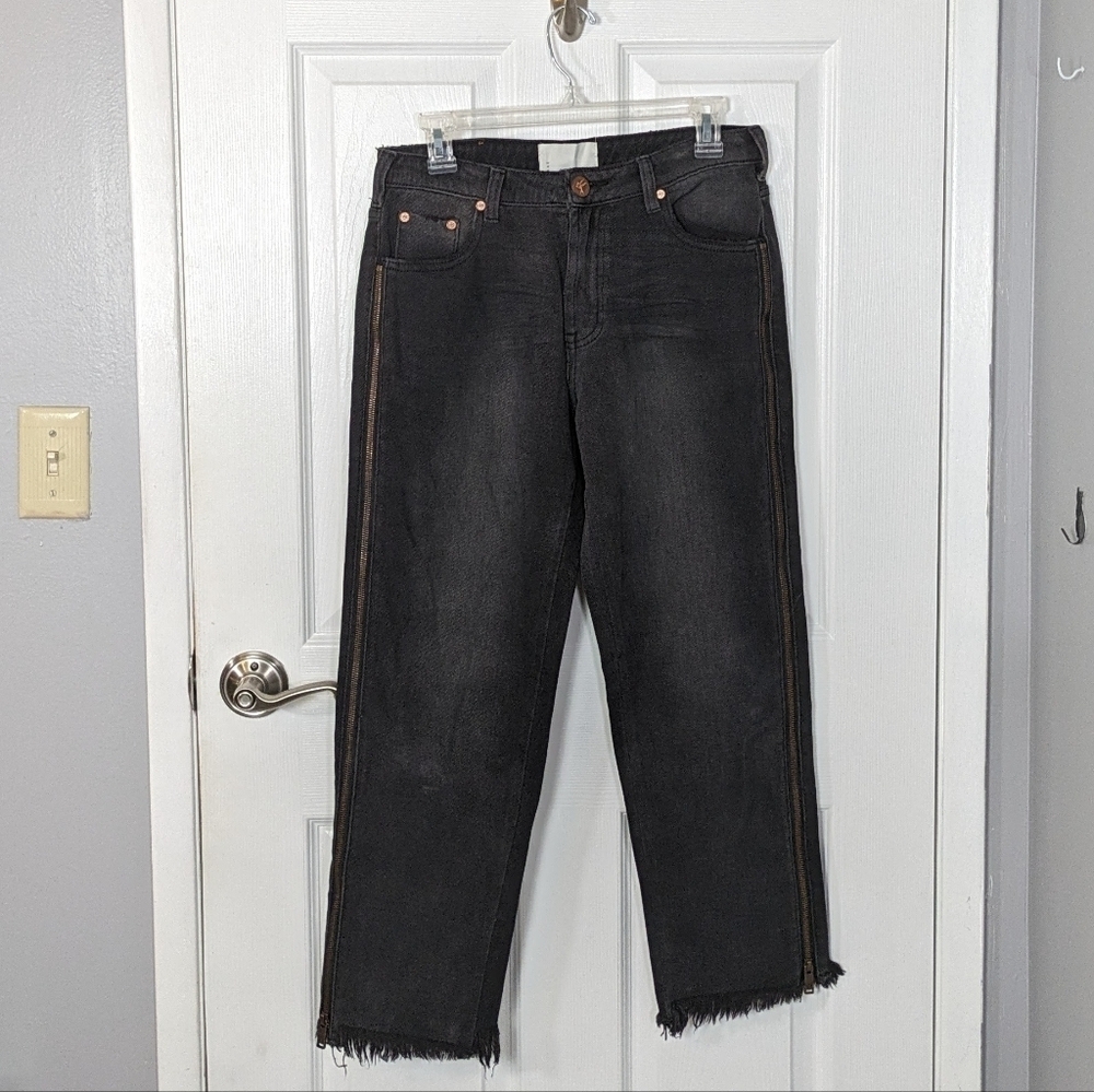 One Teaspoon Side Zipper Trucker Frayed Hem Black‎ Distressed Jeans Size 25